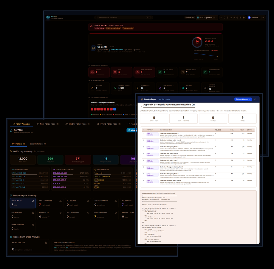 FGT Config Visualizer dashboard, XsPAtool policy analyzer, and hybrid policy recommendations