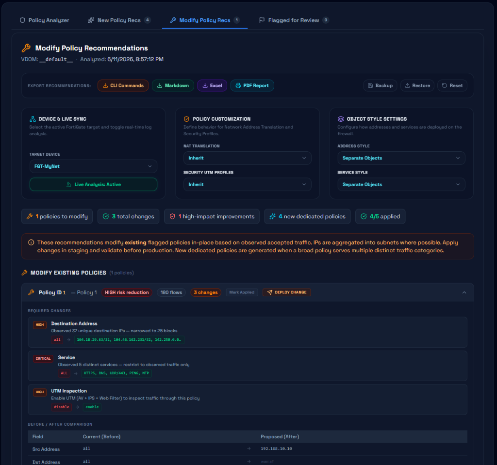 Modify policy recommendations interface