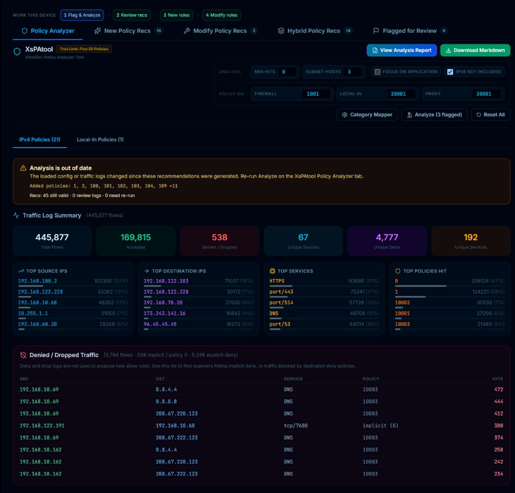 XsPAtool policy analyzer with traffic log summary, top talkers, and denied flows